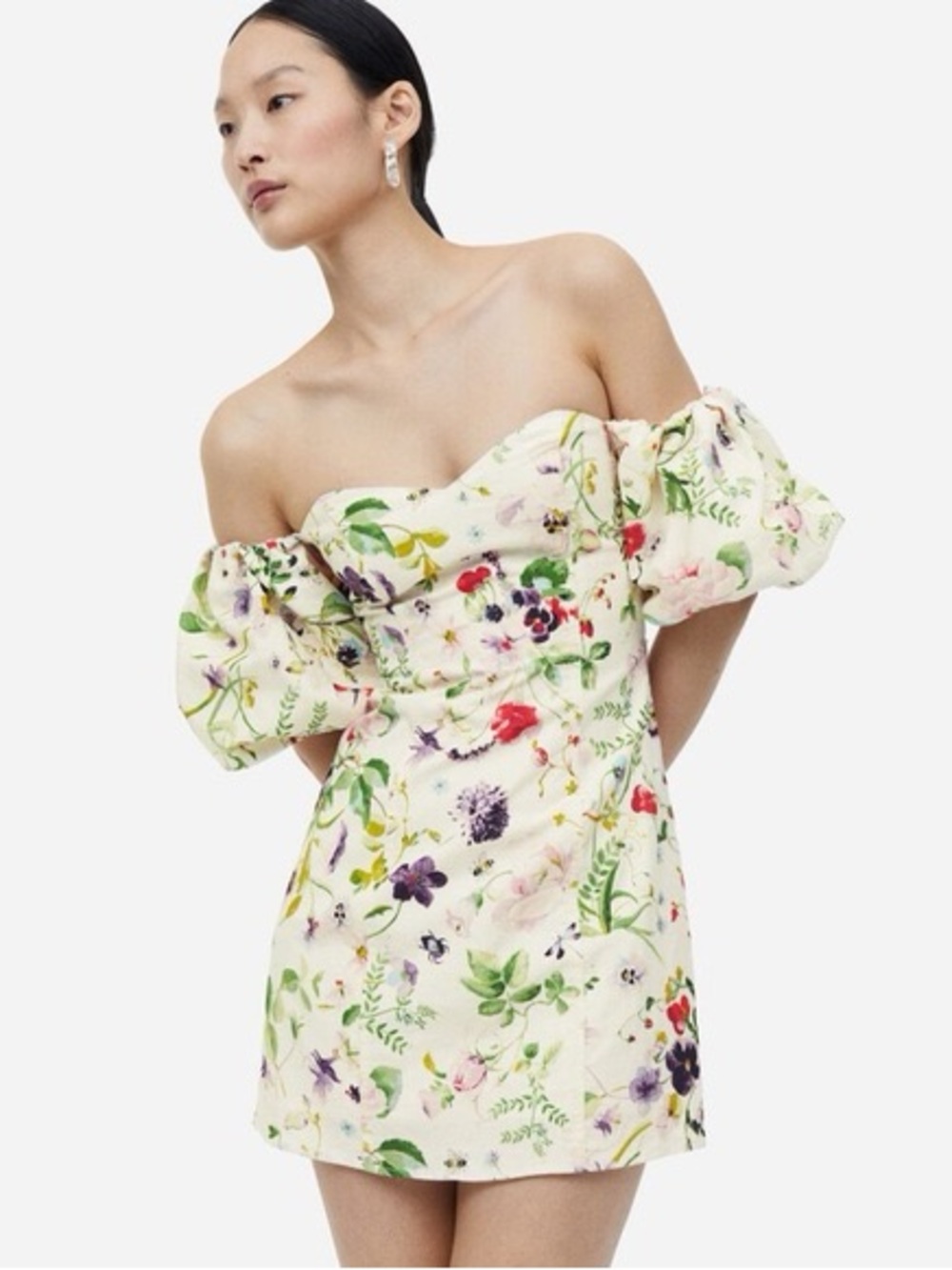 H&M Cream Floral Off-Shoulder Puff Sleeve Mini Dress